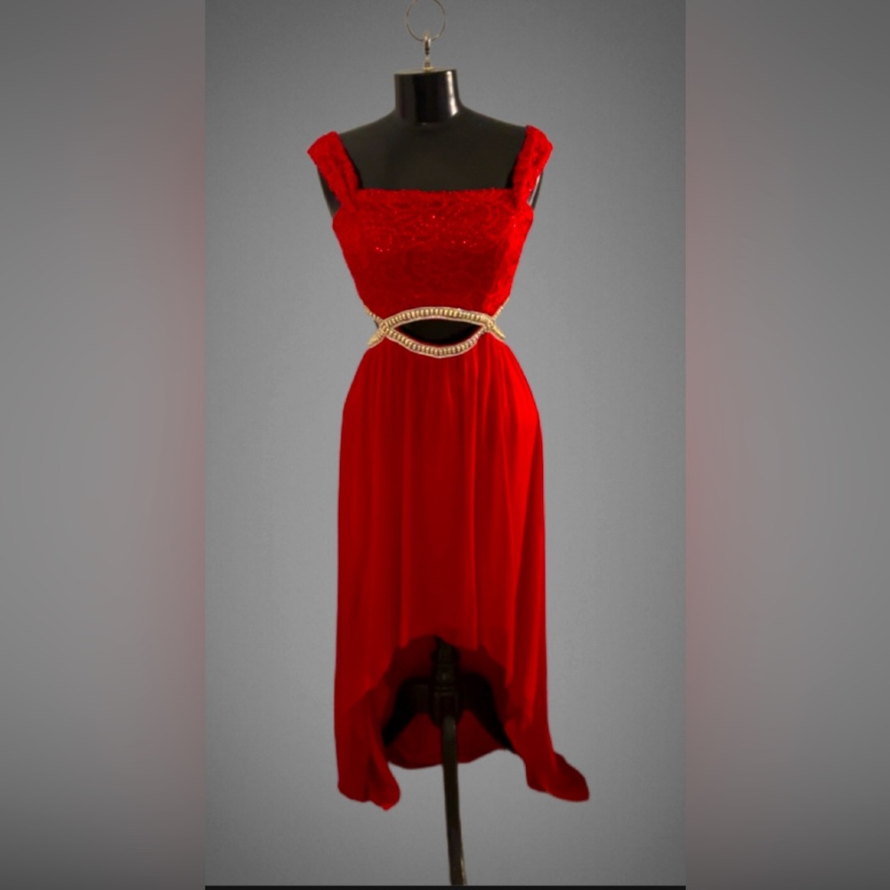Floor length hi-low,red formal dress.